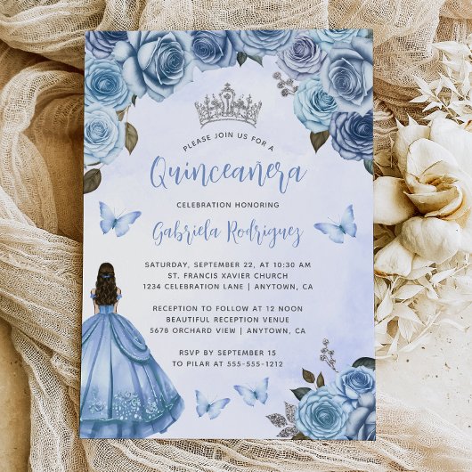 Blue Silver Floral Waterverf Quinceañera Kaart