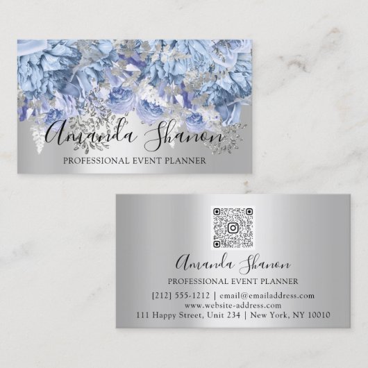 Blue Silver Flower Logo Event Planner QR Code Visitekaartje (Voorkant / Achterkant)