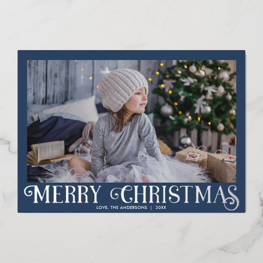 Blue Silver Foil Modern Merry-kerstfoto Folie Feestdagenkaart (Voorkant)