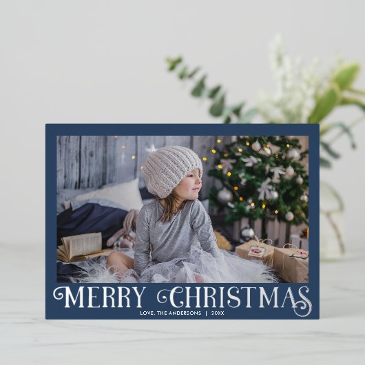 Blue Silver Foil Modern Merry-kerstfoto Folie Feestdagenkaart (Staand Voorkant)