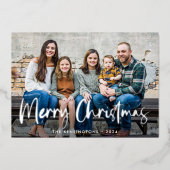 Blue Silver Foil Script Kerstfeestdag Foto Folie Feestdagenkaart (Voorkant)