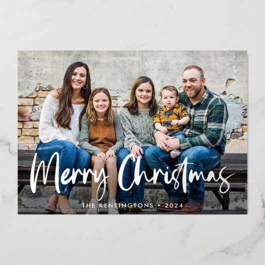 Blue Silver Foil Script Kerstfeestdag Foto Folie Feestdagenkaart (Voorkant)