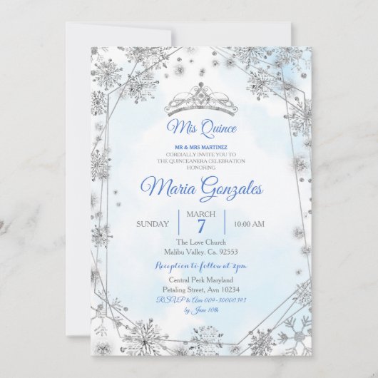 Blue & Silver Geometric Mis Quince Invitation Kaart (Voorkant)