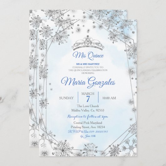 Blue & Silver Geometric Mis Quince Invitation Kaart (Voorkant / Achterkant)
