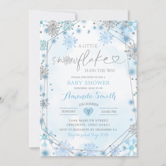 Blue & Silver Geometric Winter Baby shower Invite5 Kaart (Voorkant)