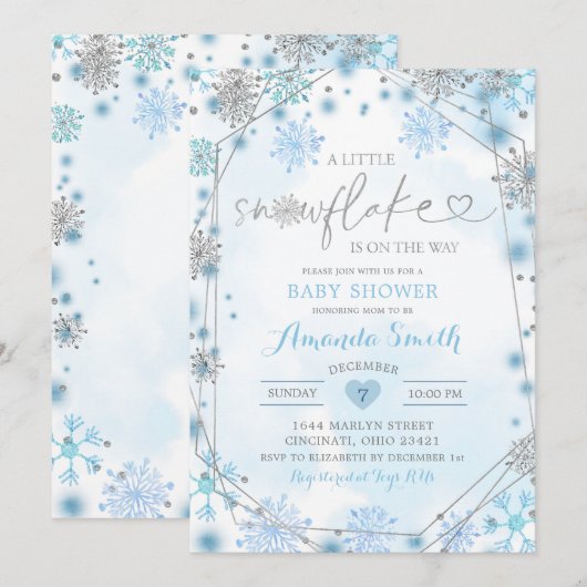 Blue & Silver Geometric Winter Baby shower Invite5 Kaart (Voorkant / Achterkant)