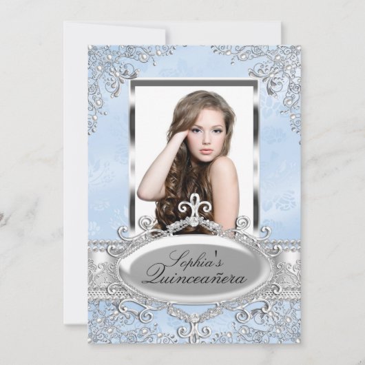 Blue Silver  Glamour Photo Quinceanera Kaart (Voorkant)
