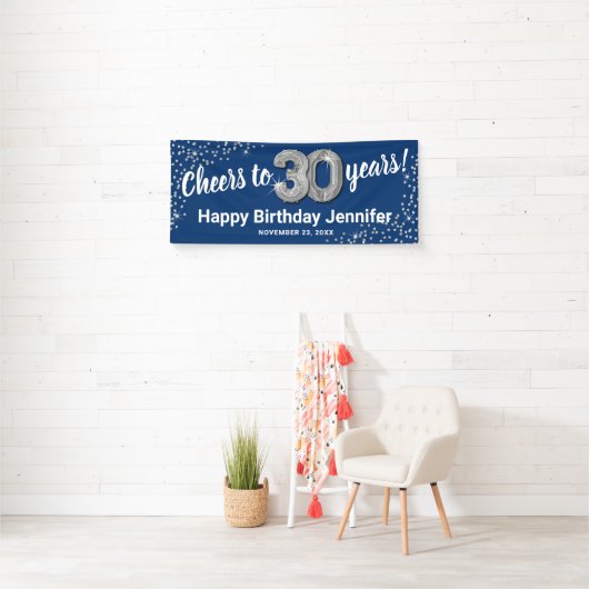 Blue Silver Glitter 30th Birthday Banner (Insitu)