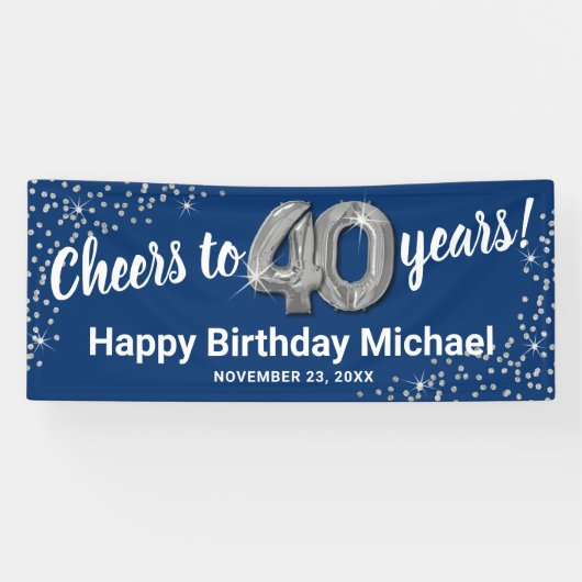 Blue Silver Glitter 40th Birthday Banner (Horizontaal)