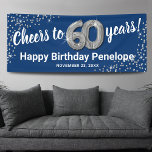 Blue Silver Glitter 60th Birthday Banner<br><div class="desc">Elegant zestigste verjaardagsbanner met een stijlvolle blauwe achtergrond die kan worden gewijzigd in elke kleur,  zilveren glans,  zestigzins zilveren helliumballonnen en een moderne 60ste verjaardagstekst-sjabloon die gemakkelijk te personaliseren is.</div>