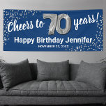 Blue Silver Glitter 70th Birthday Banner<br><div class="desc">De elegante zeventigste verjaardagsbanner met een stijlvolle blauwe achtergrond die kan worden veranderd in elke kleur,  zilveren glans,  zevenenzeventig zilveren helliumballonnen en een moderne,  70e verjaardagsfeestelijke sjabloon die gemakkelijk te personaliseren is.</div>