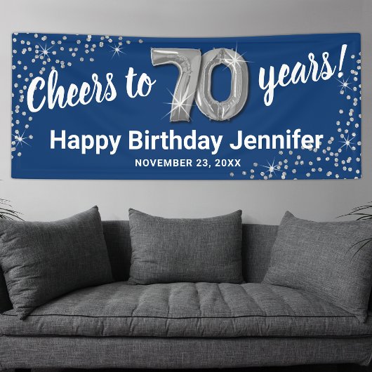 Blue Silver Glitter 70th Birthday Banner