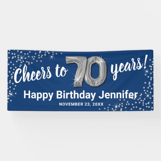 Blue Silver Glitter 70th Birthday Banner (Horizontaal)