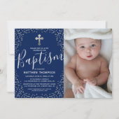 Blue Silver Glitter Boy Baptism Foto Kaart (Voorkant)