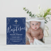 Blue Silver Glitter Boy Baptism Foto Kaart (Staand voorkant)