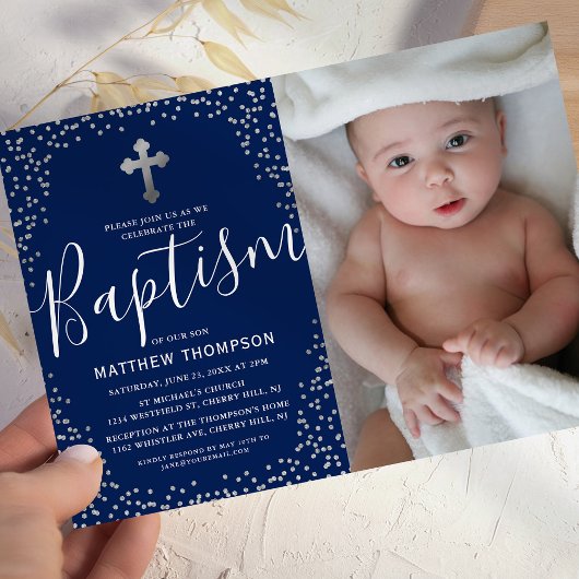 Blue Silver Glitter Boy Baptism Foto Kaart