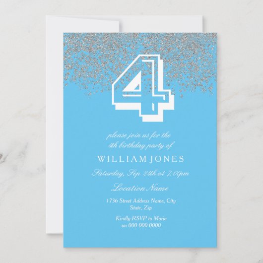Blue Silver Glitter Boys 4th Birthday Party Invite Kaart (Voorkant)