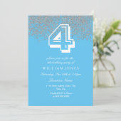 Blue Silver Glitter Boys 4th Birthday Party Invite Kaart (Staand voorkant)