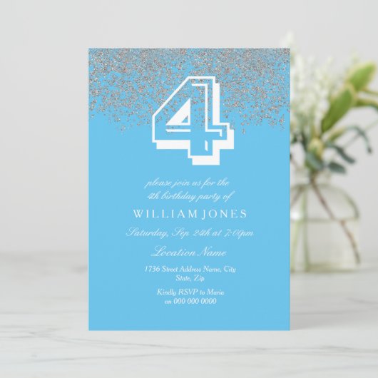 Blue Silver Glitter Boys 4th Birthday Party Invite Kaart (Staand voorkant)