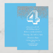 Blue Silver Glitter Boys 4th Birthday Party Invite Kaart (Voorkant / Achterkant)