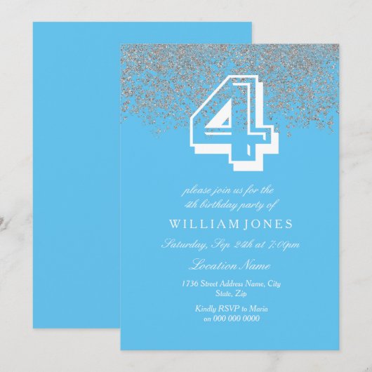 Blue Silver Glitter Boys 4th Birthday Party Invite Kaart (Voorkant / Achterkant)