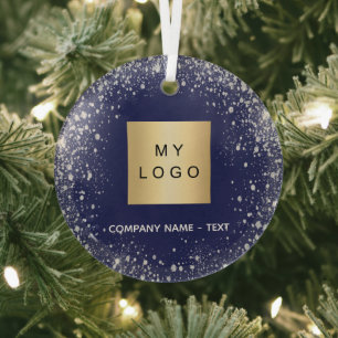 Blue silver glitter business company logo glas ornament