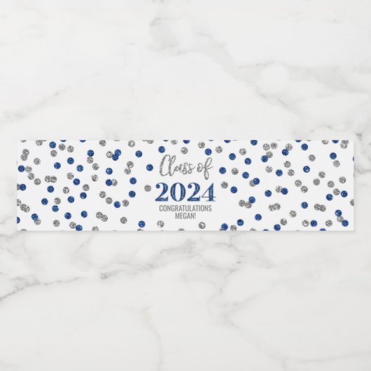 Blue Silver Glitter Confetti Afstuderen Waterfles Etiket (Enkel label)