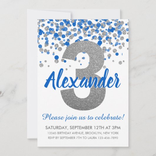 Blue Silver Glitter Confetti Boy Derde Verjaardag Kaart (Voorkant)