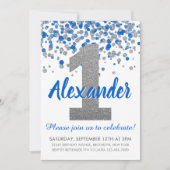 Blue Silver Glitter Confetti Boy Eerste Verjaardag Kaart (Voorkant)