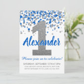 Blue Silver Glitter Confetti Boy Eerste Verjaardag Kaart (Staand voorkant)