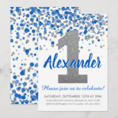 Blue Silver Glitter Confetti Boy Eerste Verjaardag Kaart (Voorkant / Achterkant)