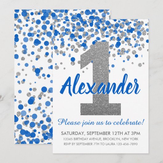 Blue Silver Glitter Confetti Boy Eerste Verjaardag Kaart (Voorkant / Achterkant)