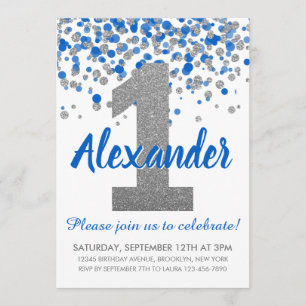 Blue Silver Glitter Confetti Boy Eerste Verjaardag Kaart