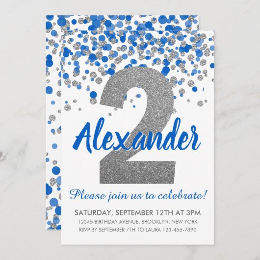 Blue Silver Glitter Confetti Boy Tweede Verjaardag Kaart (Voorkant / Achterkant)