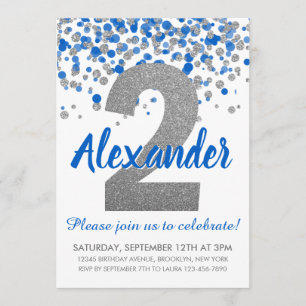 Blue Silver Glitter Confetti Boy Tweede Verjaardag Kaart