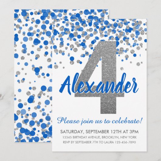 Blue Silver Glitter Confetti Boy Vierde Verjaardag Kaart (Voorkant / Achterkant)