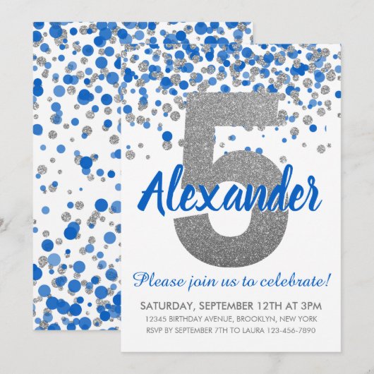 Blue Silver Glitter Confetti Boy Vijfde Verjaardag Kaart (Voorkant / Achterkant)
