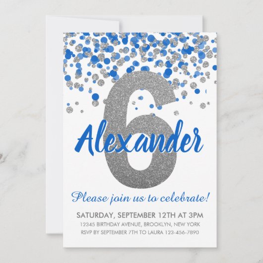 Blue Silver Glitter Confetti Boy Zesde Verjaardag Kaart (Voorkant)