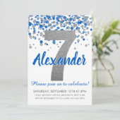 Blue Silver Glitter Confetti Boy Zevende Verjaarda Kaart (Staand voorkant)