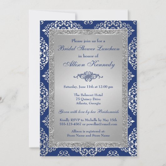 Blue, Silver Glitter Damask Vrijgezellenfeest Invi Kaart (Voorkant)