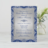 Blue, Silver Glitter Damask Vrijgezellenfeest Invi Kaart (Staand voorkant)