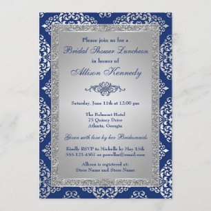 Blue, Silver Glitter Damask Vrijgezellenfeest Invi Kaart