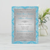 Blue, Silver Glitter Damask Vrijgezellenfeest Invi Kaart (Staand voorkant)