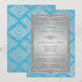 Blue, Silver Glitter Damask Vrijgezellenfeest Invi Kaart (Voorkant / Achterkant)