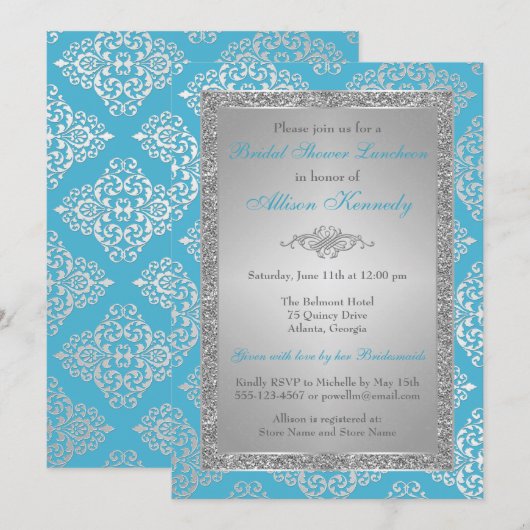 Blue, Silver Glitter Damask Vrijgezellenfeest Invi Kaart (Voorkant / Achterkant)