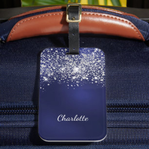 Blue Silver glitter-monogram met de naam script Bagagelabel