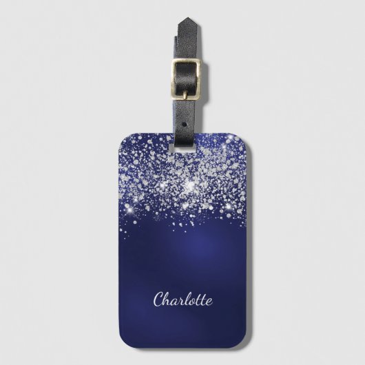 Blue Silver glitter-monogram met de naam script Bagagelabel (Voorkant (verticaal))