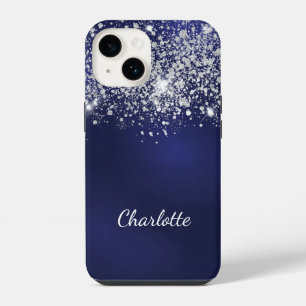 Blue Silver glitter-naamscript iPhone 14 Hoesje