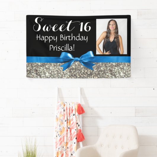 Blue Silver Glitter Photo Sweet 16 Birthday Party Spandoek (Insitu)