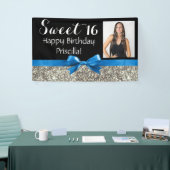 Blue Silver Glitter Photo Sweet 16 Birthday Party Spandoek (Beurs)